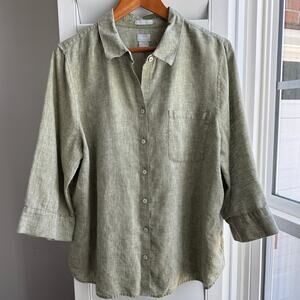 CHICO'S Shirt Size 3 or US 16/18 Green 100% Linen Resort Cruise Vacation